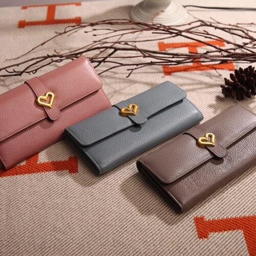 2020 New Lady Sweety Heart Botton 100% Guarantee Top Layer Cowhide Leather Long Wallet Big Capacity Genuine Leather Clutch Bag