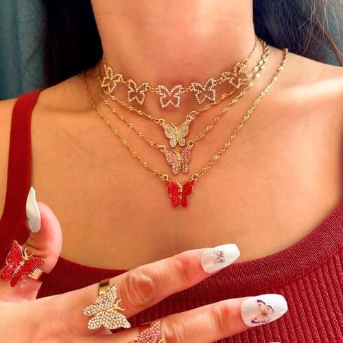 Flatfoosie New Shiny Crystal Butterfly Choker Necklaces for Women Multilayer Snake Animal Pendant Necklace Fashion Jewelry Gift