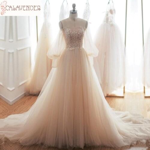 Fairy Champagne Wedding Dresses A-Line with Long Sleeves Lace Applique vestidos de novia Pearls Beaded Wedding Gowns Bride Dress