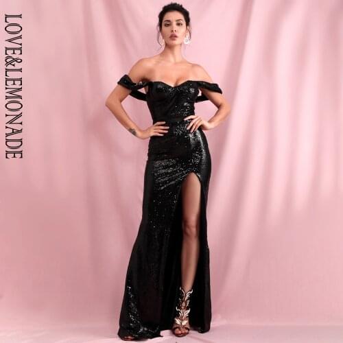 LOVE&LEMONADE Sexy Tube Top Drop Shoulder Sleeve Black Sequins Whit Split Fishtail Party Maxi Dress LM82061