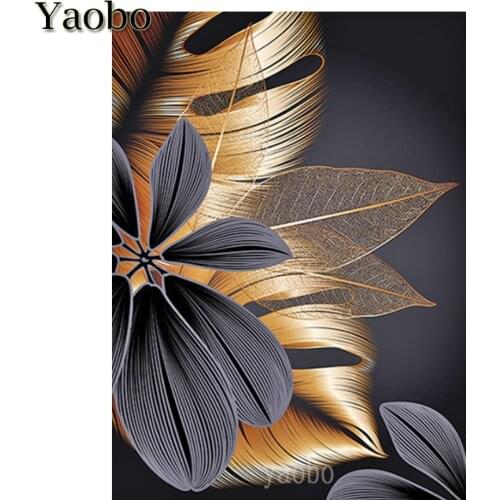 5D Full Square Round Drill DIY Diamond Embroidery Black Golden Plant Leaves Picture Mosaic Wall Artwork Handmade Home Decor New