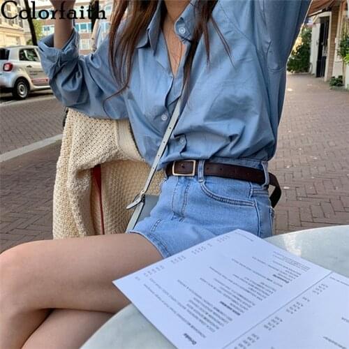 Colorfaith New 2020 Women Summer Autumn Blouses Shirts Fashionable Single Breasted Casual Vintage Oversize Office Tops BL8260