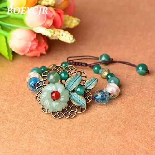 BOEYCJR Ethnic Natural Glass & Stone Beads Bangles & Bracelets Vintage Jewelry Green Beads Bracelet For Women Gift