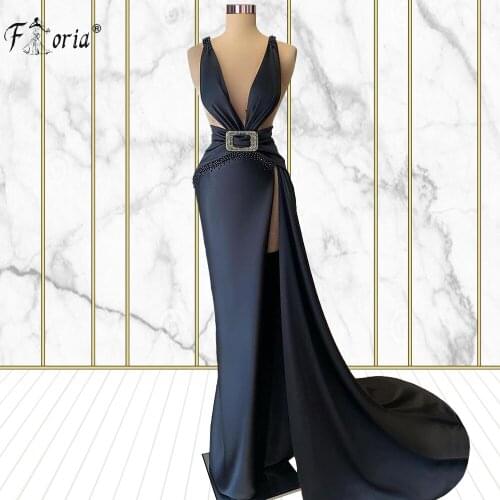 Black Sheer V Neck Formal Prom Dress Sexy Mermaid Side Slit Evening Dresses 2021 Handmade Beads Sashes Satin Evening Gowns