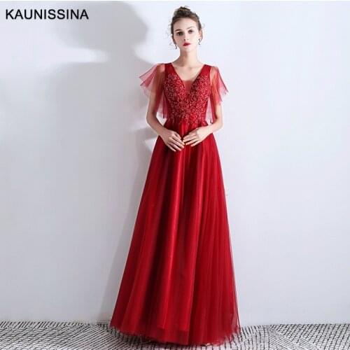 KAUNISSINA Long Evening Dresses A-Line Appliques Party Gown Red Charming Prom Dress V-Neck Short Sleeve Celebrity Banquet Robes