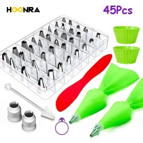 HOONRA 45Pcs Russian Piping Tips Cake Pastry Nozzzles Stainless Steel Icing Piping Nozzles Tips And Bag Cake Decoration Tools