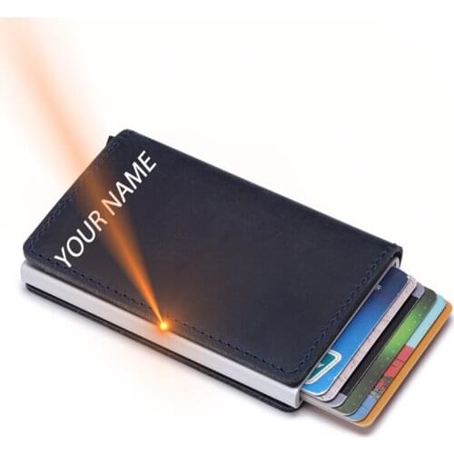 Private customize Genuine Leather Men Aluminum Wallet Pocket Card holder RFID Blocking Mini Automatic Credit Card Purse gift