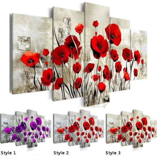 5PCS/Set Red Pruple Poppy Flower Art Canvas Painting Modular Wall Picture For Living Room Home Decoration No Frame