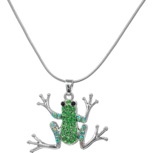 My shape Silver Plated Green Crystal Stone Frog Charm Statement Necklaces & Pendants Snake Chain for Fashion Women Boho Necklace