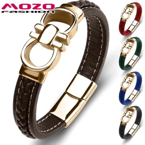 New Punk Men Bracelet Genuine Leather Stainless Steel Charm Women High Quality Fashion Jewelry Hot Sale Bangles Brown