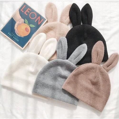 New Women Cute Bunny Hat Fur Lined Loosely Knit Hat With Ears Winter Hat Stylish Wool Knitted Beanie Hats For Women Warm Cap