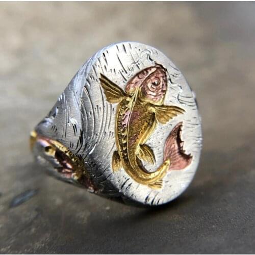 New Retro Fish Shaped Female Animal Ring Hand Carved Koi Finch Pattern Ring Leisure Party Good Luck Commemorative Jewelry Gift