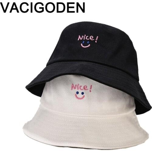VACIGODEN Women Smile Embroidered Minimalist Bucket Hat Fedoras Outdoor Chapeau Fisherman Caps De Pescado Gorros