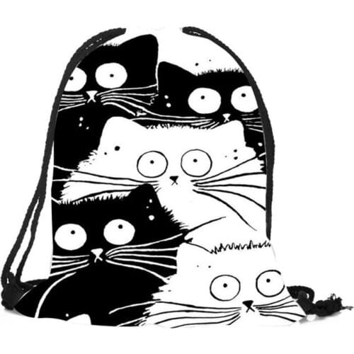 Portable Women Backpack Cute Cat Printing Shopping Drawstring Bags Travel Daypac