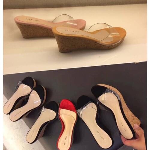 2019 HOT Summer Slippers Women Transparent Sequins Platform Wedge Thick Sole High Heels 6.5CM Mules Slides Sweet Beach shoes