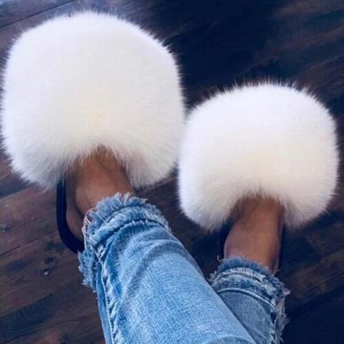 Womens Fluffy Fox Fur Slippers Ladies Plush Slides Female Furry Sandals Fashion Flip Flops Girls Cute House Shoes Large Size45