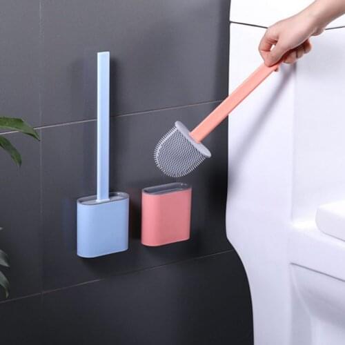 Bathroom Silicone Flat Head Toilet Brush Water Leak Proof With Base Flexible Soft Bristles Brush With Quick Drying Holder Set