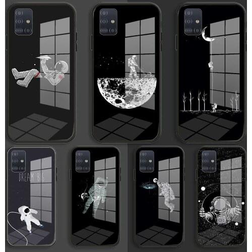 Funny Space Love Moon Astronaut Cat Soft Silicone Glass Case For Samsung Galaxy A10 A20 A30 A40 A50 A70 A31 A51 A71 Balck Cover
