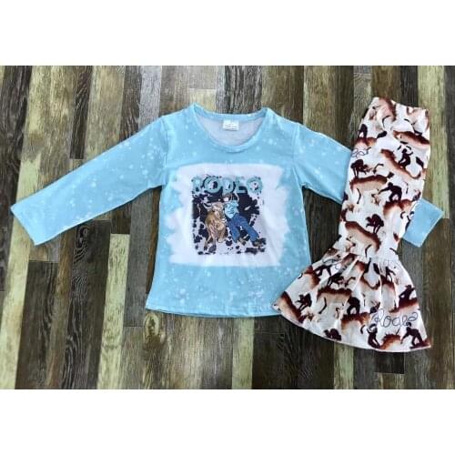 Baby Girl Blue Long Sleeve Rodeo Pattern Brown Bell Base Set