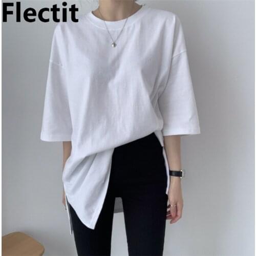 Flectit Oversized White Tee Short Sleeve Crew Neck with Side Split Cozy T-shirts Womens Summer Tops Female Casual Outfit