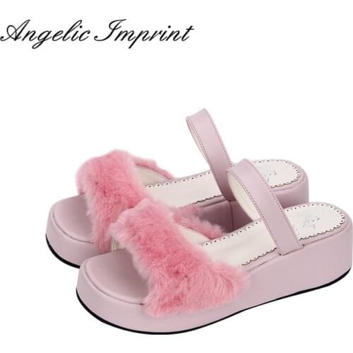 Women Faux Rabbit Fur High Heel Slip-On Sandals Sweet Lolita Princess Wedge Sandals PINK/WHITE/BLACK