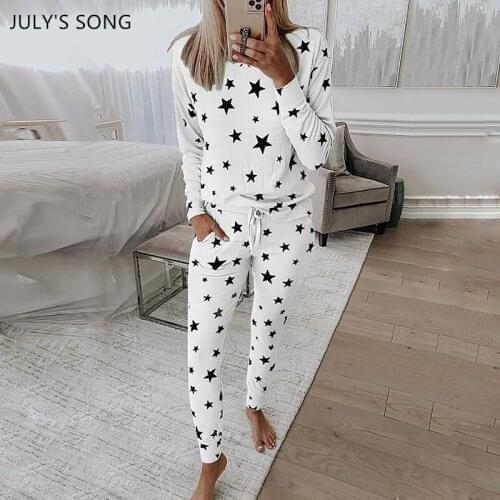 JULYS SONG Women Star Pajama Set Women 2 Pieces Casual Simple 65%Cotton Print Pyjamas Spring Autumn Sleepwear Trousers Suit