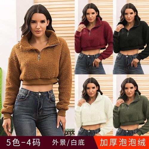 Lady Half Zip Jumper Crop Sweatshirt Pullover Top Fluffy Fleece Fur Plush Casual Comfortable Versatile Long Sleeves 2020 Hot