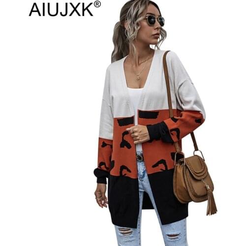 AIUJXK Leopard Patchwork Knitted Cardigan Women 2020 Autumn Winter Woman New Sweaters Casual Long Sleeve Knitwear Cardigans Coat