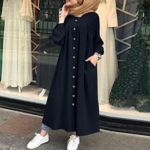 ZANZEA Vintage Long Shirt Dress Women Spring Long Sleeve Sundress Dubai Turkey Abaya Hijab Dress Muslim Islamic Clothing Kaftan