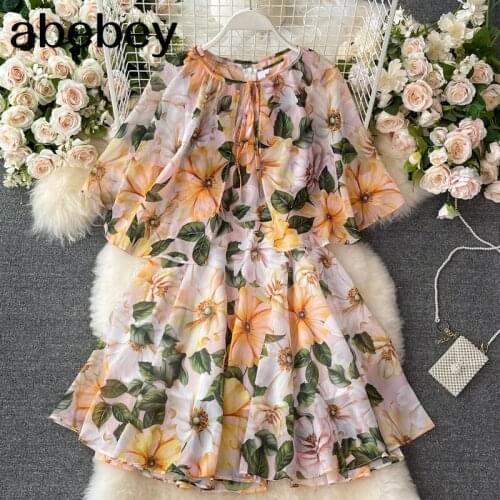 2021 New Summer Women Elegant O-neck sleeveless Dress lace up shawl high waist pleated print A-line big skirt Dress