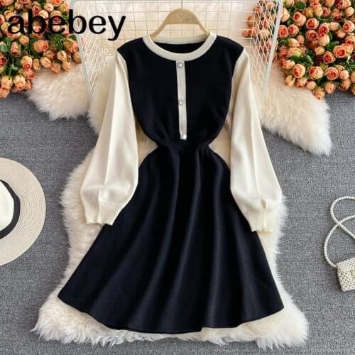 2021 New Spring Autumn Vintage O-neck Lantern Sleeve Knitted Dress hit color patchwork high waist pleated short A-line Dress
