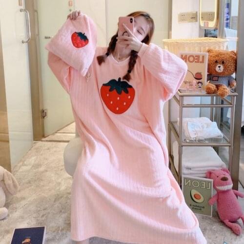 2020 Winter Korean Thick Warm Flannel Long Sleeve Loose Nightgown for Women Coral Velvet Sleepwear Night Dress Nightdress Nighty