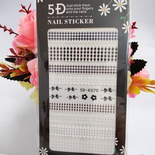 5D Nail Sticker Anaglyph Effect Lace Plaid Fence Bow Knot Flowers Nail Art Decorations Self Adhesive Manicure Accessories Tips