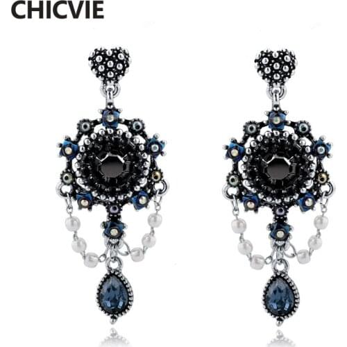 CHICVIE Ethnic Vintage Drop Dangle Earrings for Women Blue Crystal Antique Bronze Color Jewelry Popular Gifts SER160112