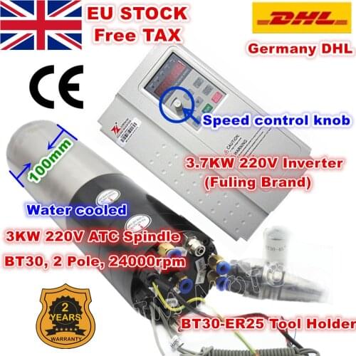 [EU Delivery] 3KW ATC Spindle Motor 220V BT30 24Z & 3.7KW Fuling Brand Inverter&BT30 tool holder for CNC Milling Machine Kit