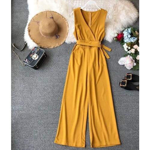 Amolapha Women Solid V-neck High Waist Sashes Sleeveless Jumpsuits Women Wide Leg Jumpsuit Rompers