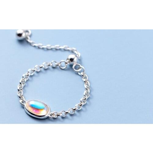 925 Sterling Silver Long Chain Moonstone Oval Finger Ring For Women Girls Party Jewelry jz094