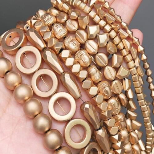 Natural Matte Gold Stone Hematite Faceted Buddha Bead Oval Square Loose Spacer Beads For Jewelry Making Diy Charm Bracelet