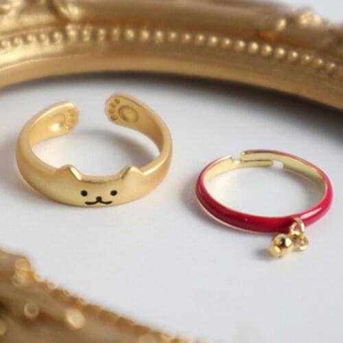 Opening Adjustable Cute Cat Bell Paw Print Painted Enamel Finger Ring Resizable Tail Ring Lovely Girl Gifts Student Jewelry