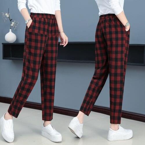 Autumn and Winter 2019 Plaid Harun Pants Womens Casual Pants Loose Cotton Straight Plaid Womens Pants Pants Ankle-Length