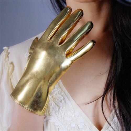 Patent Leather Gloves 21cm Short Super Bright Mirror Bright Gold Elastic PU Simulation Leather Gloves JS21