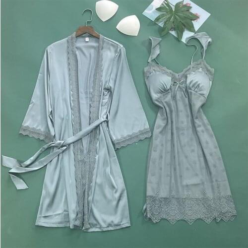 Women Summer Pajamas Solid Color 2PCS Silk Satin Lace Trim Sexy Nightgown Robe Sets Bathrobe Sleepwear Home Dress Nightdress
