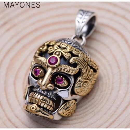 MAYONES Real 925 Sterling Silver Large Skull Pendant For Men Jewelry Vintage Punk Rock With Natural Red Corundum