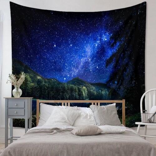 Psychedelic Starry Sky Wall Tapestry Wall Hanging Forest Lake Mountains Wall Blanket Fabric for Home Dorm Decoration Camping Mat