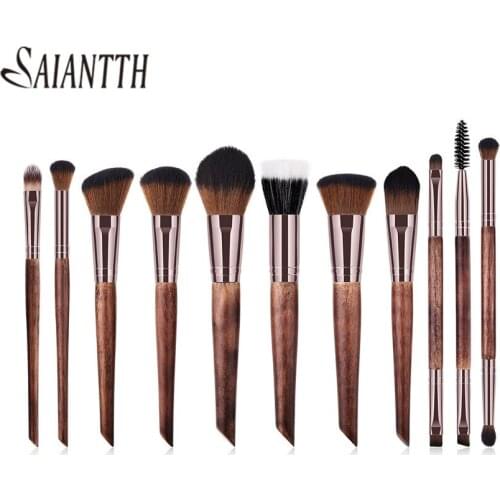 SAIANTTH 11pcs nature wood coffee tube Makeup Brushes Set kit pincel maquiagem double head eyelashes make up brochas foundation