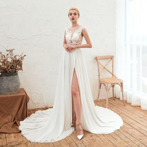 Wedding Dress 2019 Sexy Women Side Slit Chiffon Bridal Dresses A Line Floor Length Beach Wedding Gown