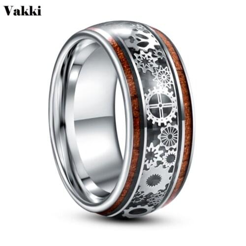 VAKKI 10mm Width Inlaid Wood and Gear Pattern Tungsten Carbide Ring Mens Fashion Wedding Jewelry Best Gift