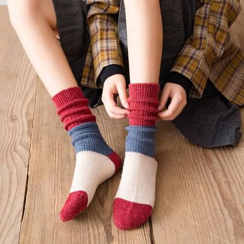 Spring Patchwork Color Wool Socks For Women Harajuku Ladies Pile Socks Fashion Winter Cotton Socks Keep Warm Thicking Long Socks