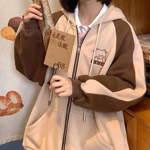 Kahaki Bear Print Tops Autumn Kawaii Patchwork Hoodie Winter Women Casual Oversized Cute Harajuku Funny Zipper Sweatshirt Femme