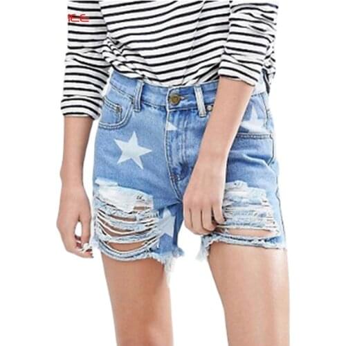 Women Ripped Denim Shorts Women Sexy Hole White Star Frayed Edges High Waist Jeans casual Pockets Shorts